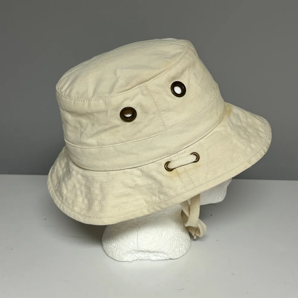Tilley Endurables Hat Beige Men’s Size 6 3/4 Bucket Sun Straps Khaki - Stains